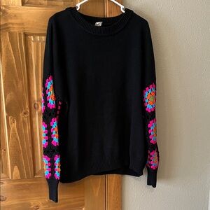 Black Crewneck Sweater with Colorful Crochet Sleeves